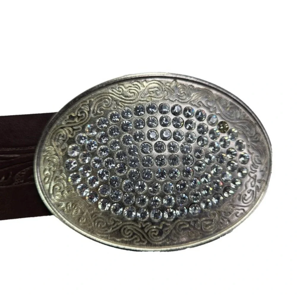 Abercrombie Fitch Brown‎ Tooled Leather Rhinestone Oval Buckle Italy Belt Size M